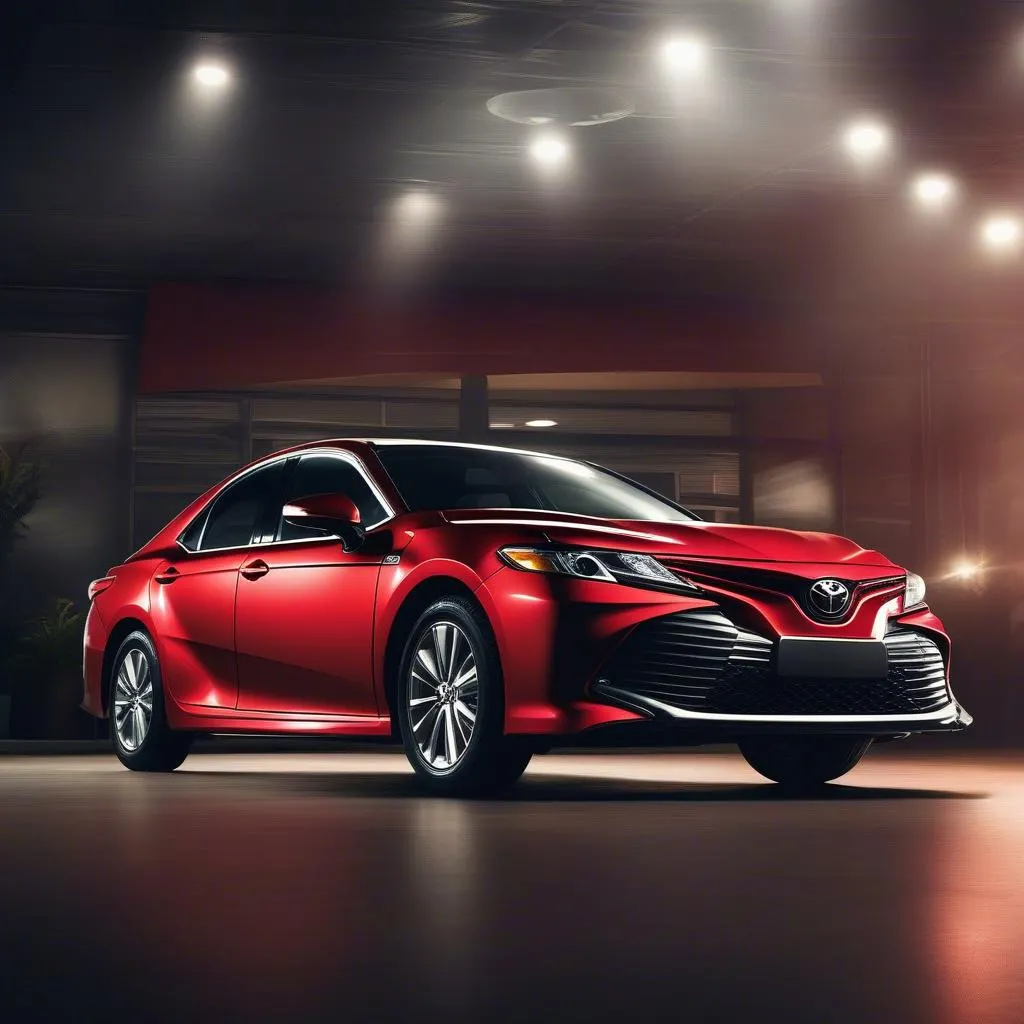 Shiny red Toyota Camry parked in a showroom with a &quot;Certified Pre-Owned&quot; sign on the windshield.